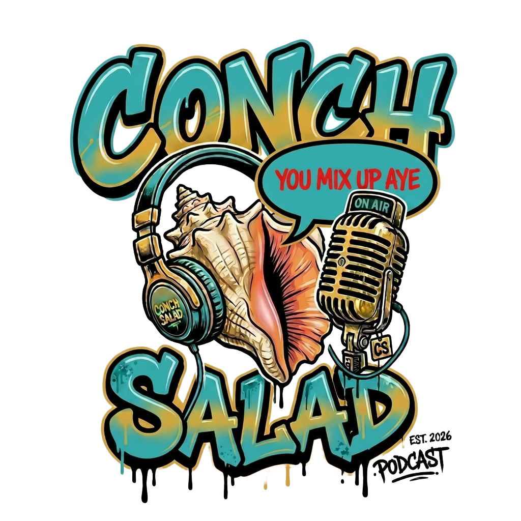 Da Conch Salad Podcast — headphones, conch shell and vintage mic illustration